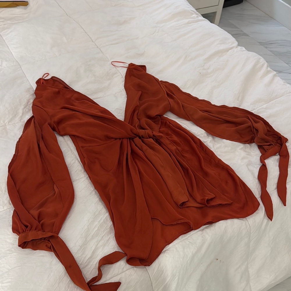 Rust Orange V-Neck Blouse with Tie Sleeves